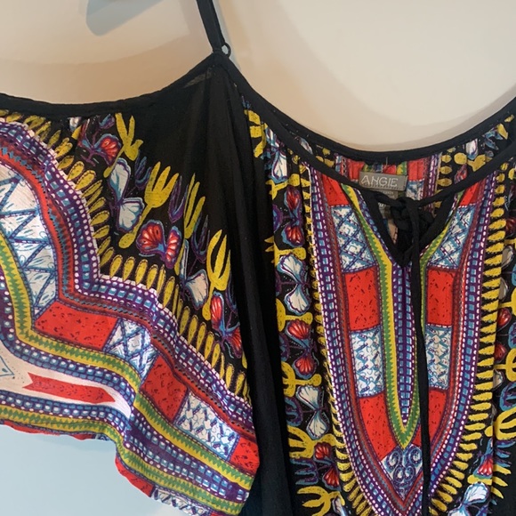 Angie Cold Shoulder Front Tie Sheer Black Colorful Boho Tunic Dress Size Medium - Picture 2 of 8